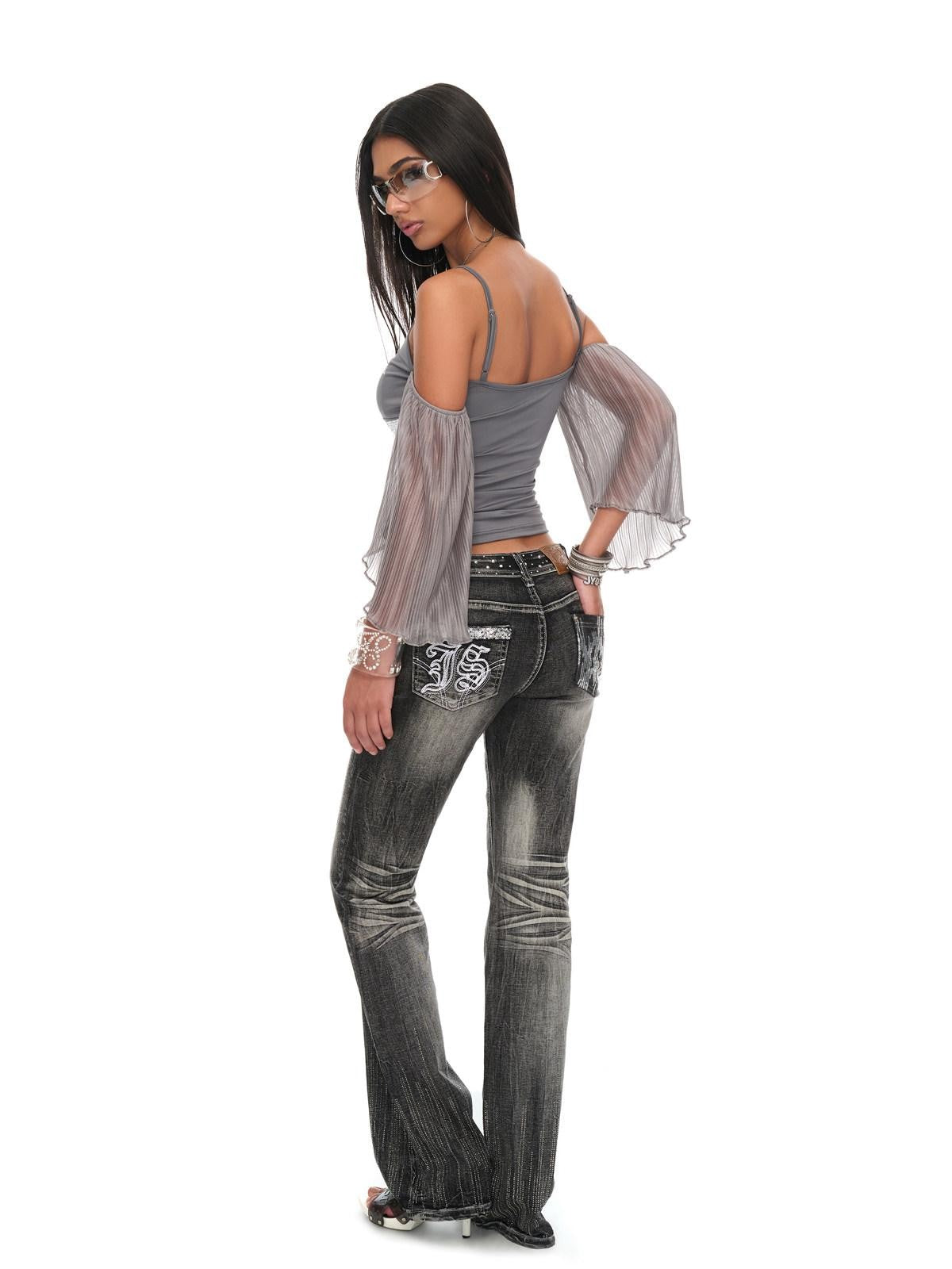 JYOSEI Gray Sequin V-neck Off Shoulder Women&