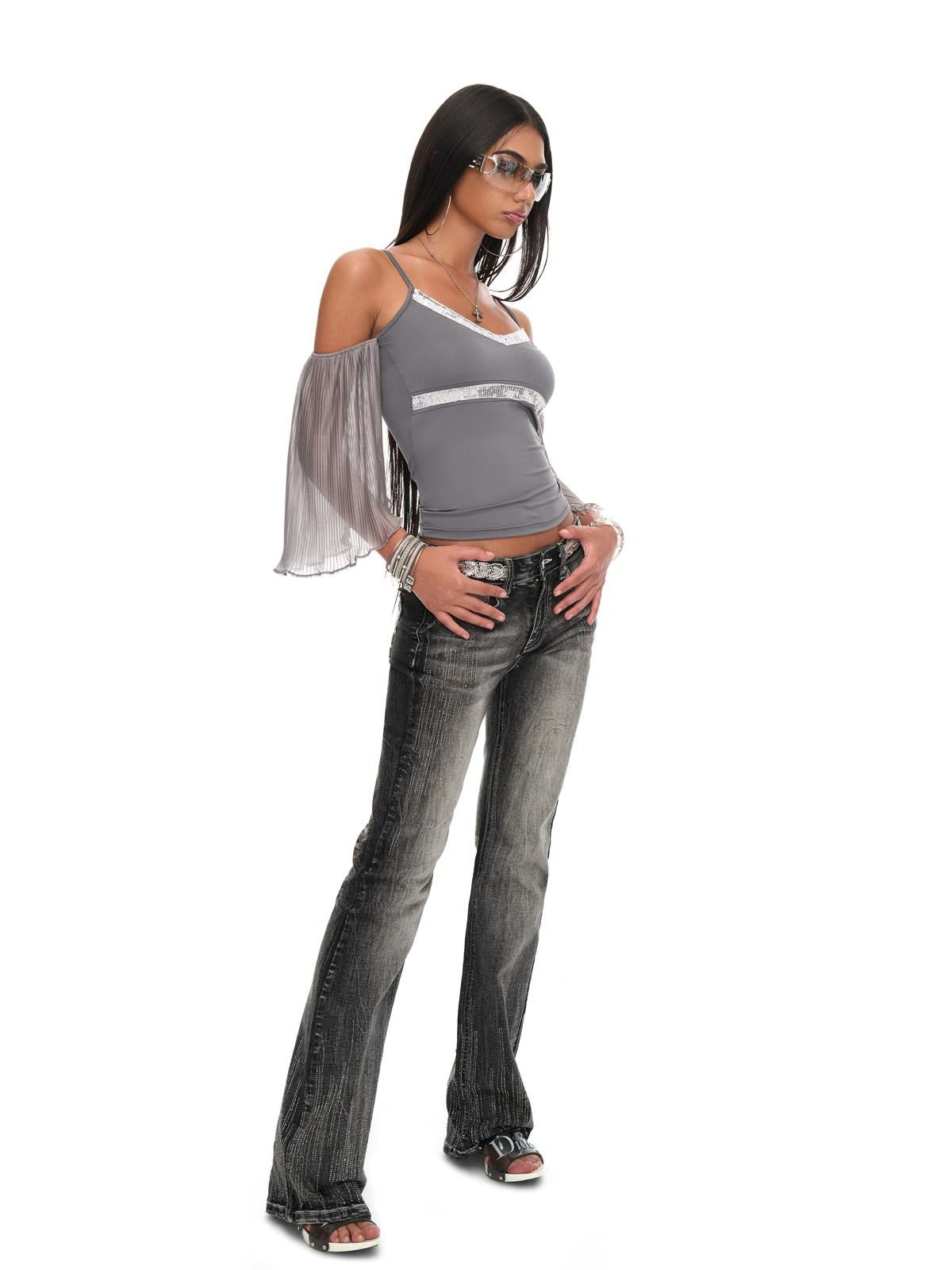 JYOSEI Gray Sequin V-neck Off Shoulder Women&