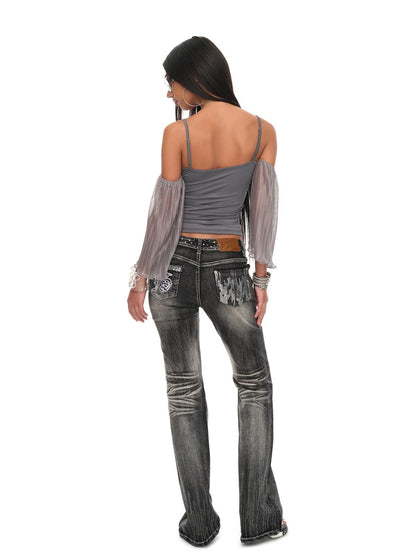 JYOSEI Gray Sequin V-neck Off Shoulder Women&