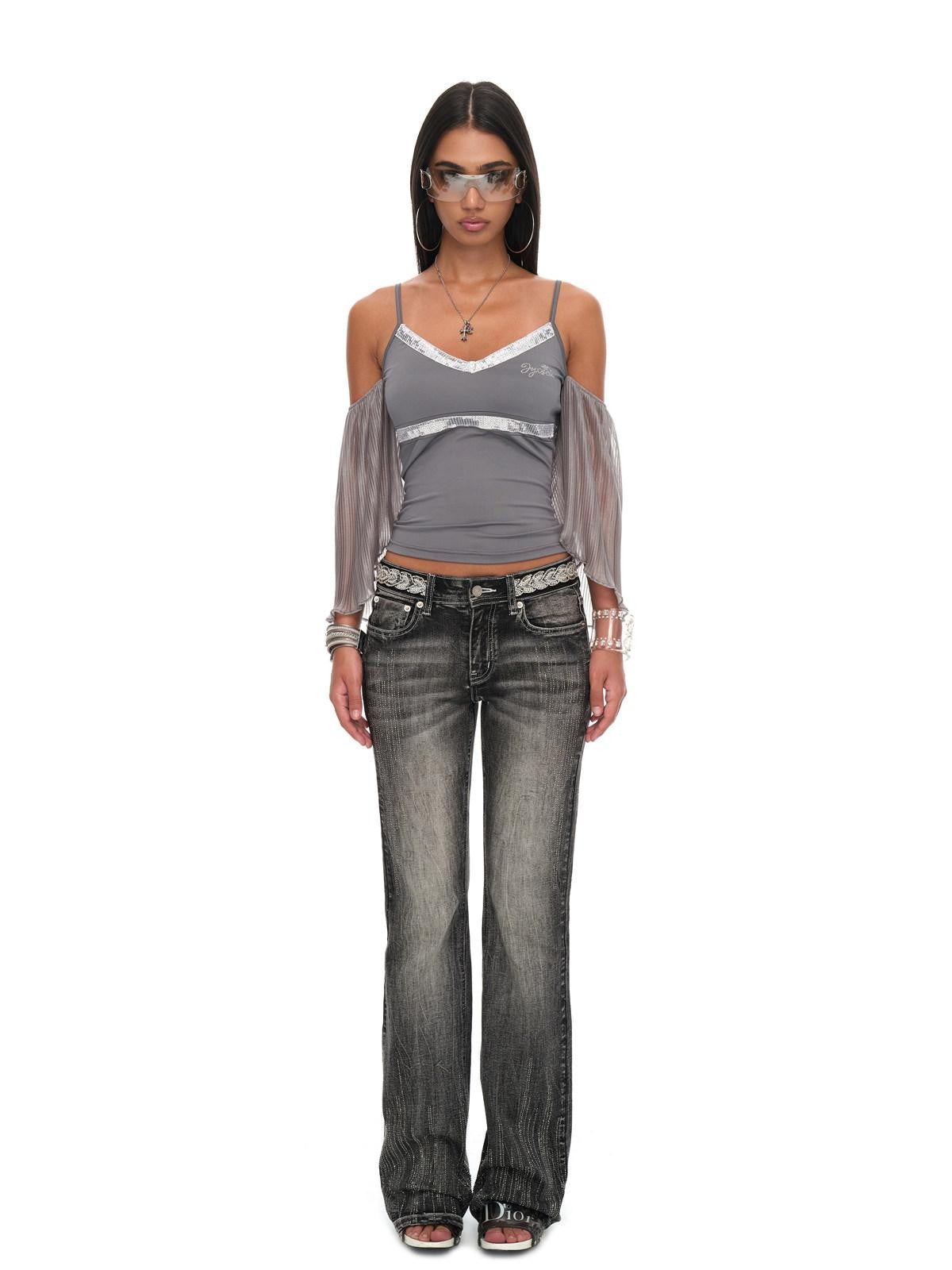 JYOSEI Gray Sequin V-neck Off Shoulder Women&