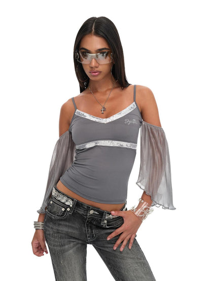 JYOSEI Gray Sequin V-neck Off Shoulder Women&