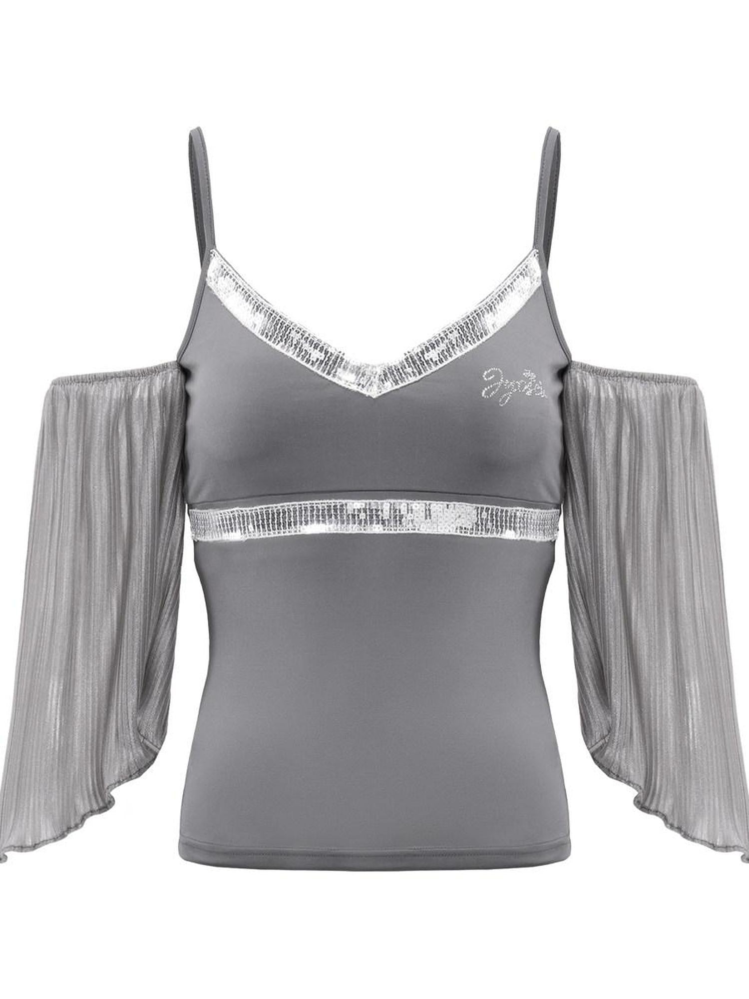 JYOSEI Gray Sequin V-neck Off Shoulder Women&