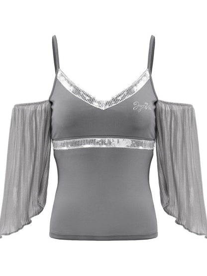 JYOSEI Gray Sequin V-neck Off Shoulder Women&