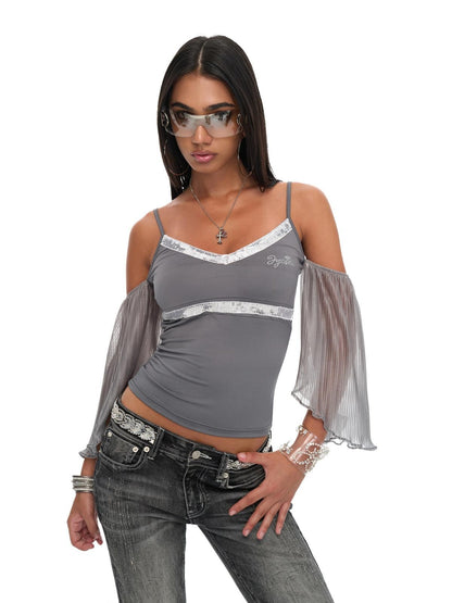JYOSEI Gray Sequin V-neck Off Shoulder Women&