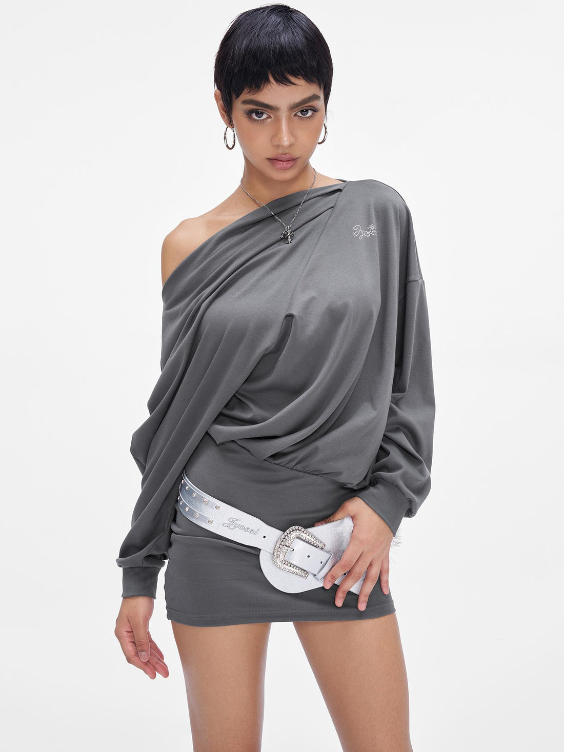 JYOSEI Grey Off Shoulder Draped Asymmetrical Slit Maxi Dress