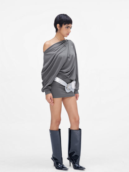 JYOSEI Grey Off Shoulder Draped Asymmetrical Slit Maxi Dress