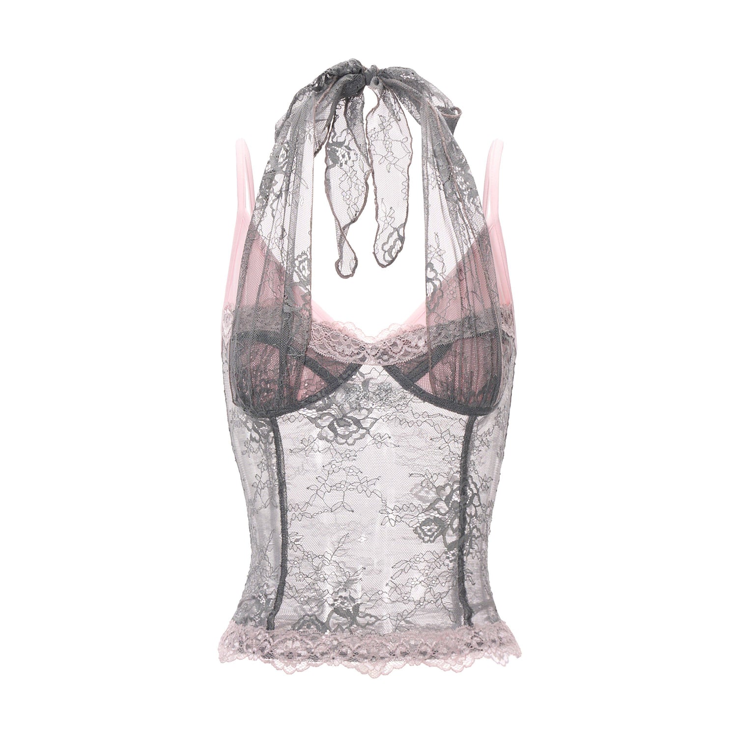 JYOSEI_Grey_Pink_Lace_Splice_Halter_V-neck_Women&