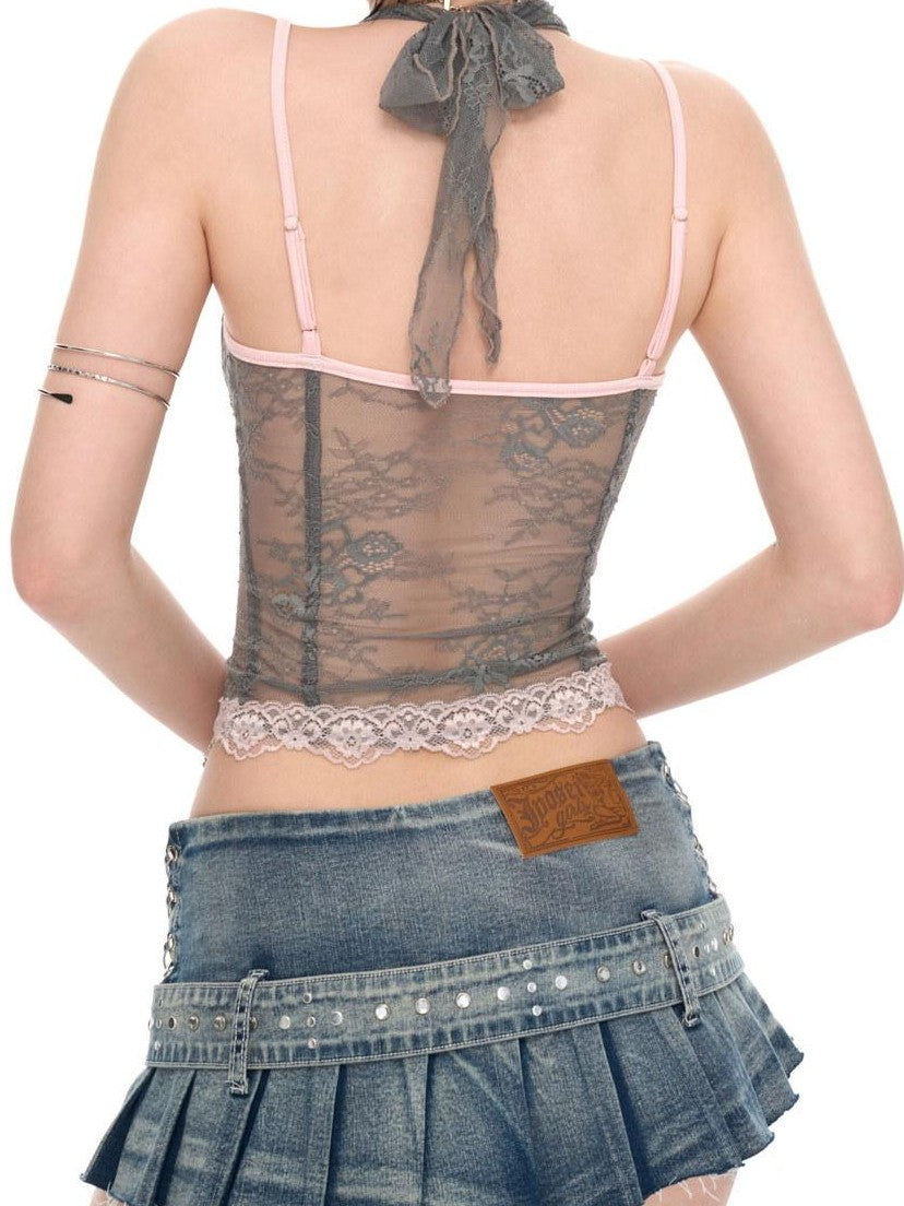 JYOSEI Grey Pink Lace Splice Halter V-neck Women&