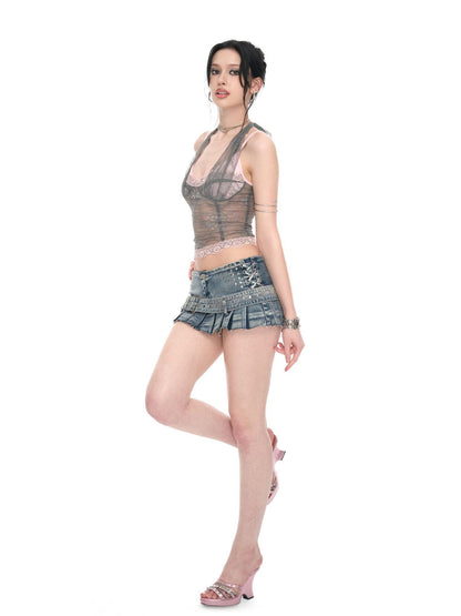 JYOSEI Grey Pink Lace Splice Halter V-neck Women&