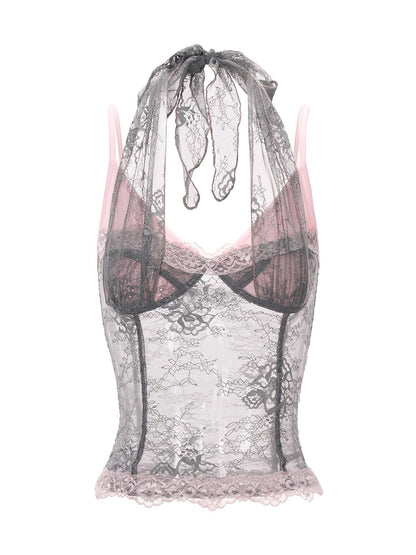 JYOSEI Grey Pink Lace Splice Halter V-neck Women&