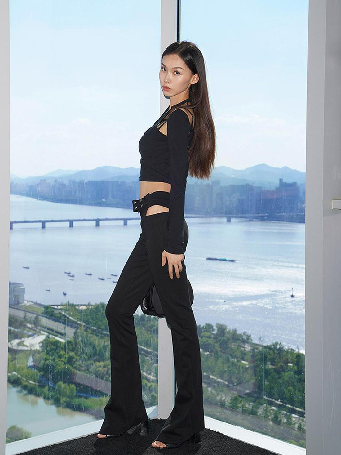 JYOSEI Halter Neck Ribbed Long Sleeve Top With Lace Trim