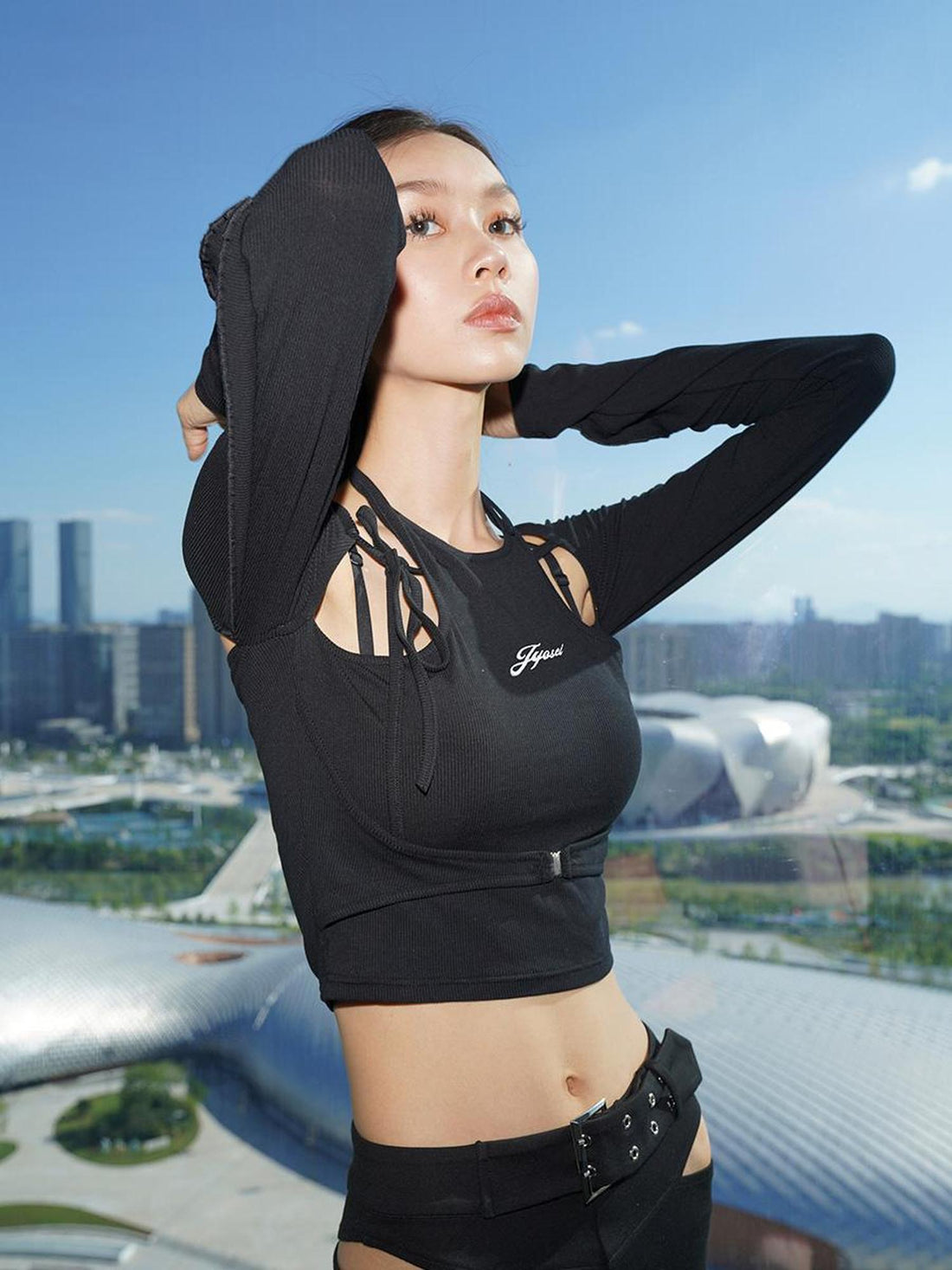 JYOSEI Halter Neck Ribbed Long Sleeve Top With Lace Trim