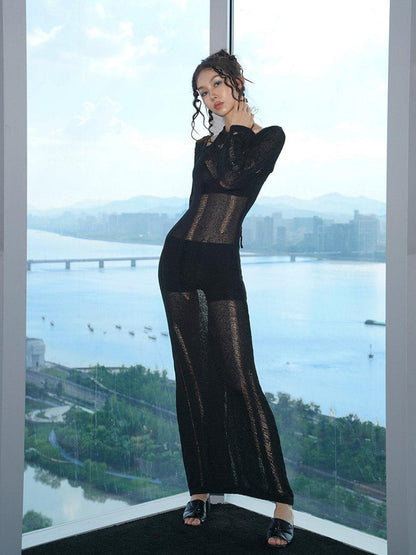 JYOSEI High Waist Tie Street Strappy Sheath Solid Polyester Black Navy Maxi Dresses