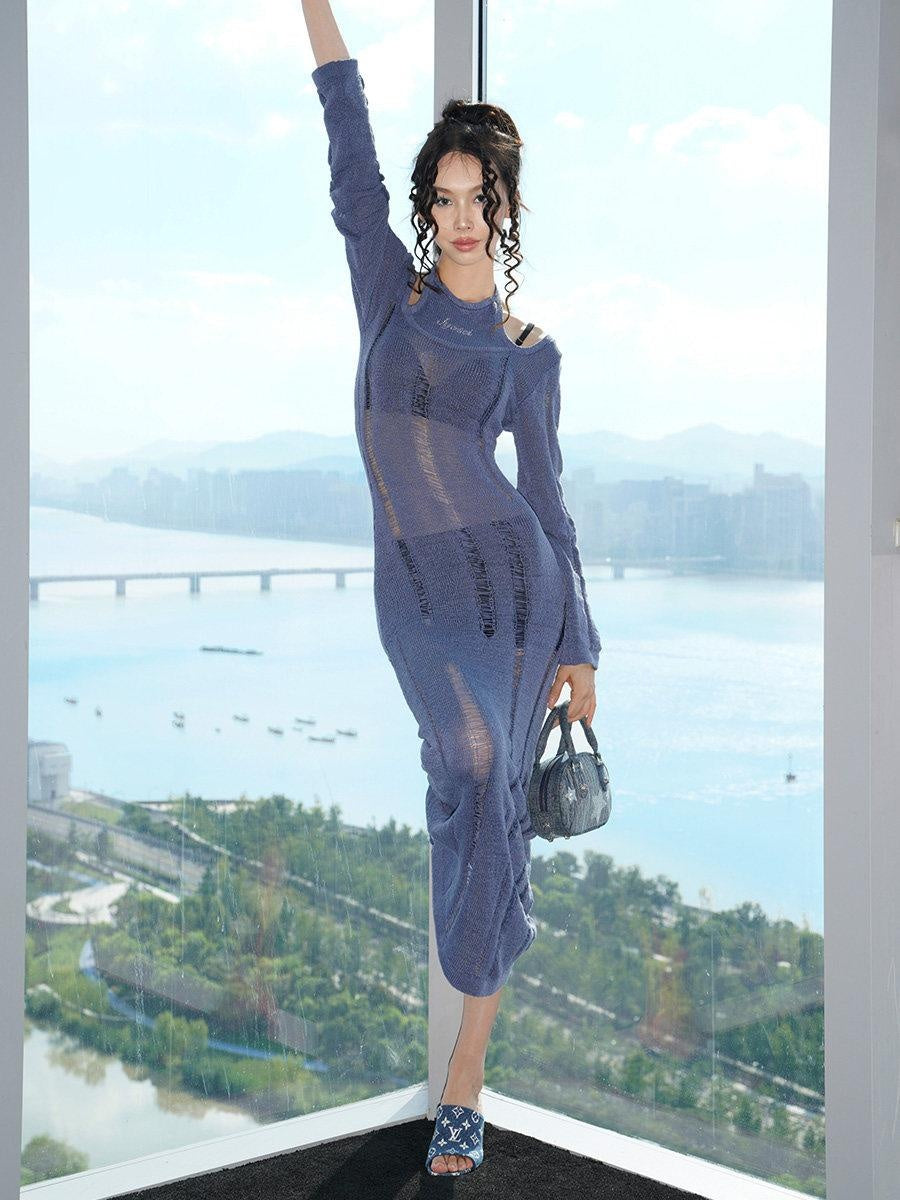 JYOSEI High Waist Tie Street Strappy Sheath Solid Polyester Black Navy Maxi Dresses