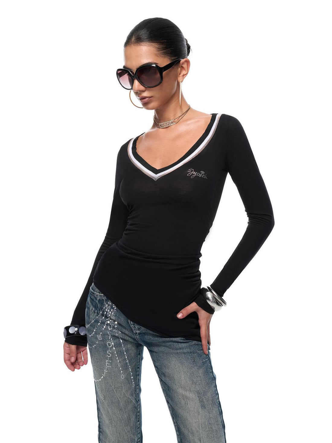 JYOSEI Irregular Bias Cut V Neck Mesh Paneled Ruched Bodycon Knit Top