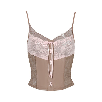 JYOSEI_JYOSEL_Pink_Brown_Lace_Contrast_Stretch_Slim_Vacation_Camisole_MISSTT