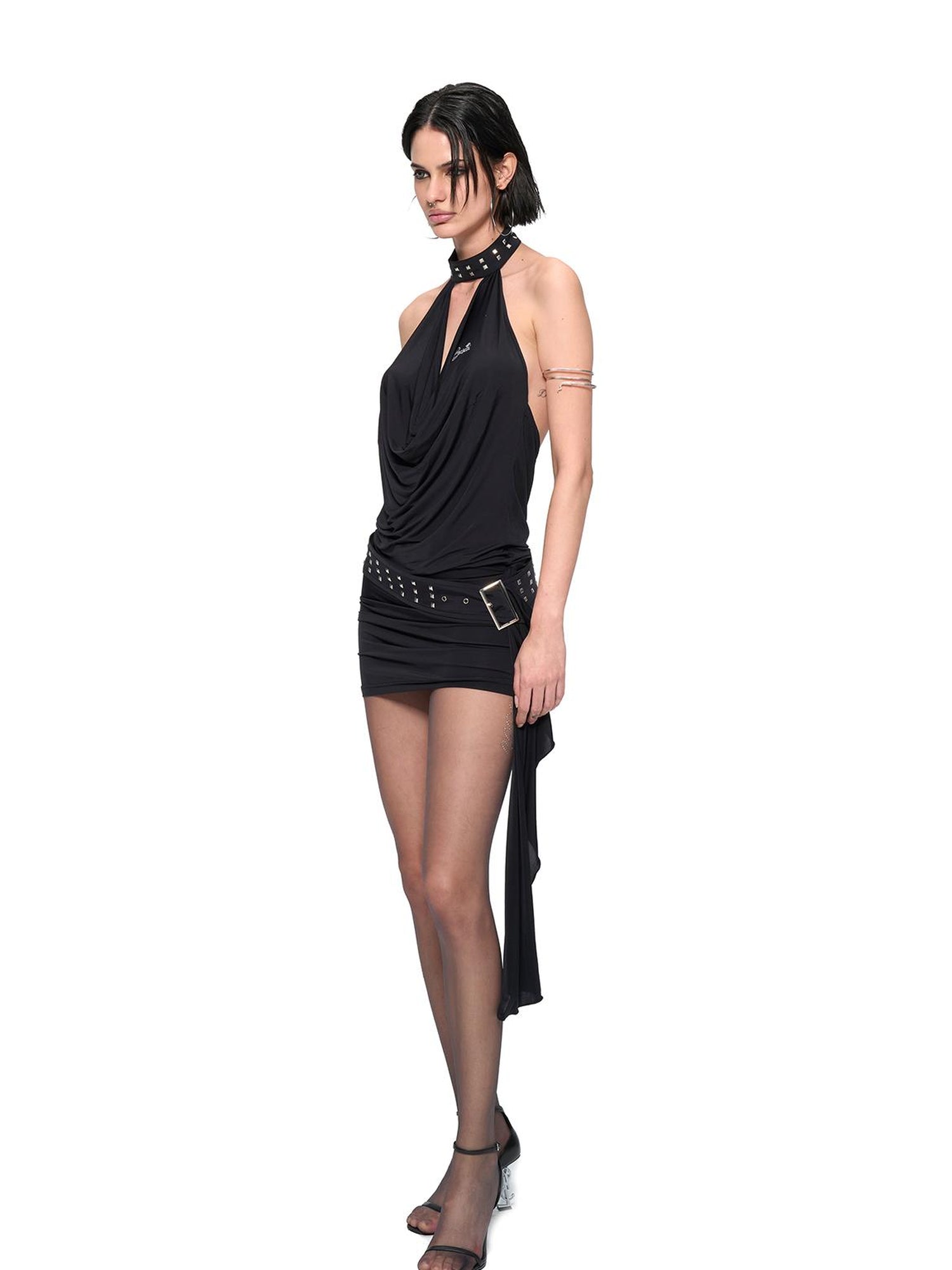 JYOSEI J Y O S E I Black Sheer Halter Cowl Backless Bodycon Mini Dress