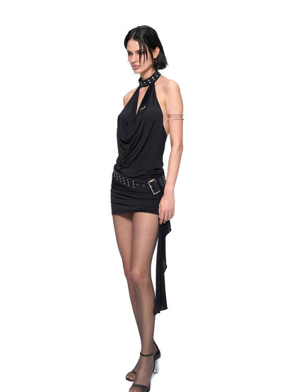 JYOSEI J Y O S E I Black Sheer Halter Cowl Backless Bodycon Mini Dress