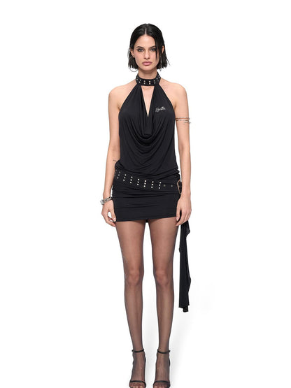 JYOSEI J Y O S E I Black Sheer Halter Cowl Backless Bodycon Mini Dress