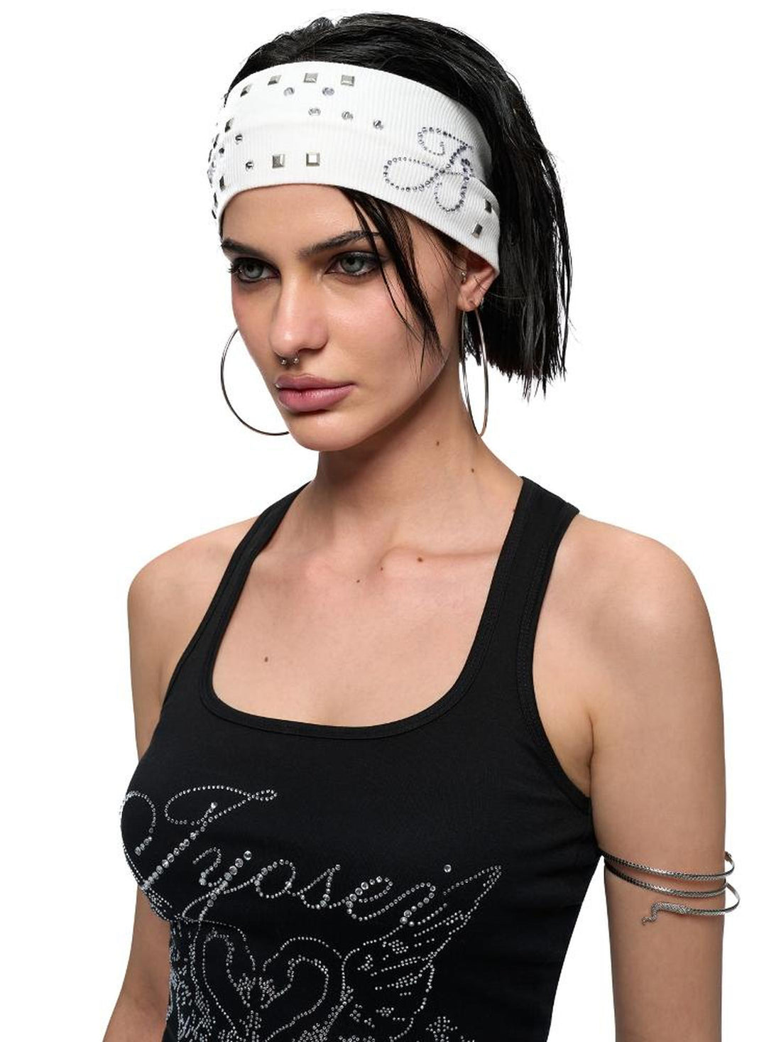 JYOSEI J Y O S E I Black White Embroidered Studded Logo Stretch Headband