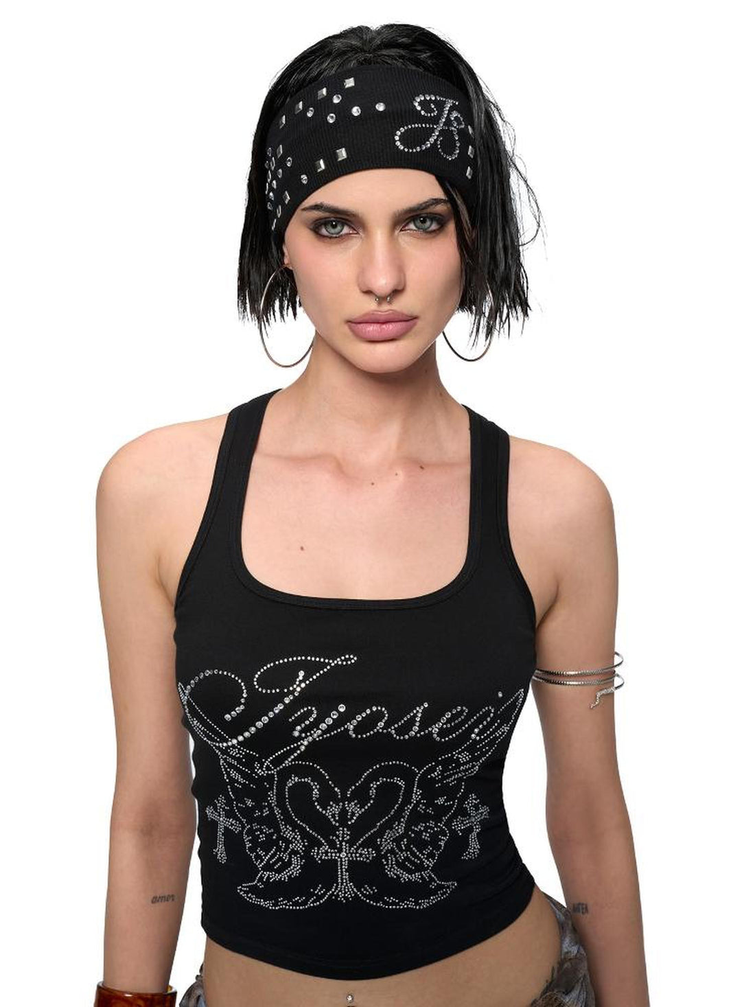 JYOSEI J Y O S E I Black White Embroidered Studded Logo Stretch Headband