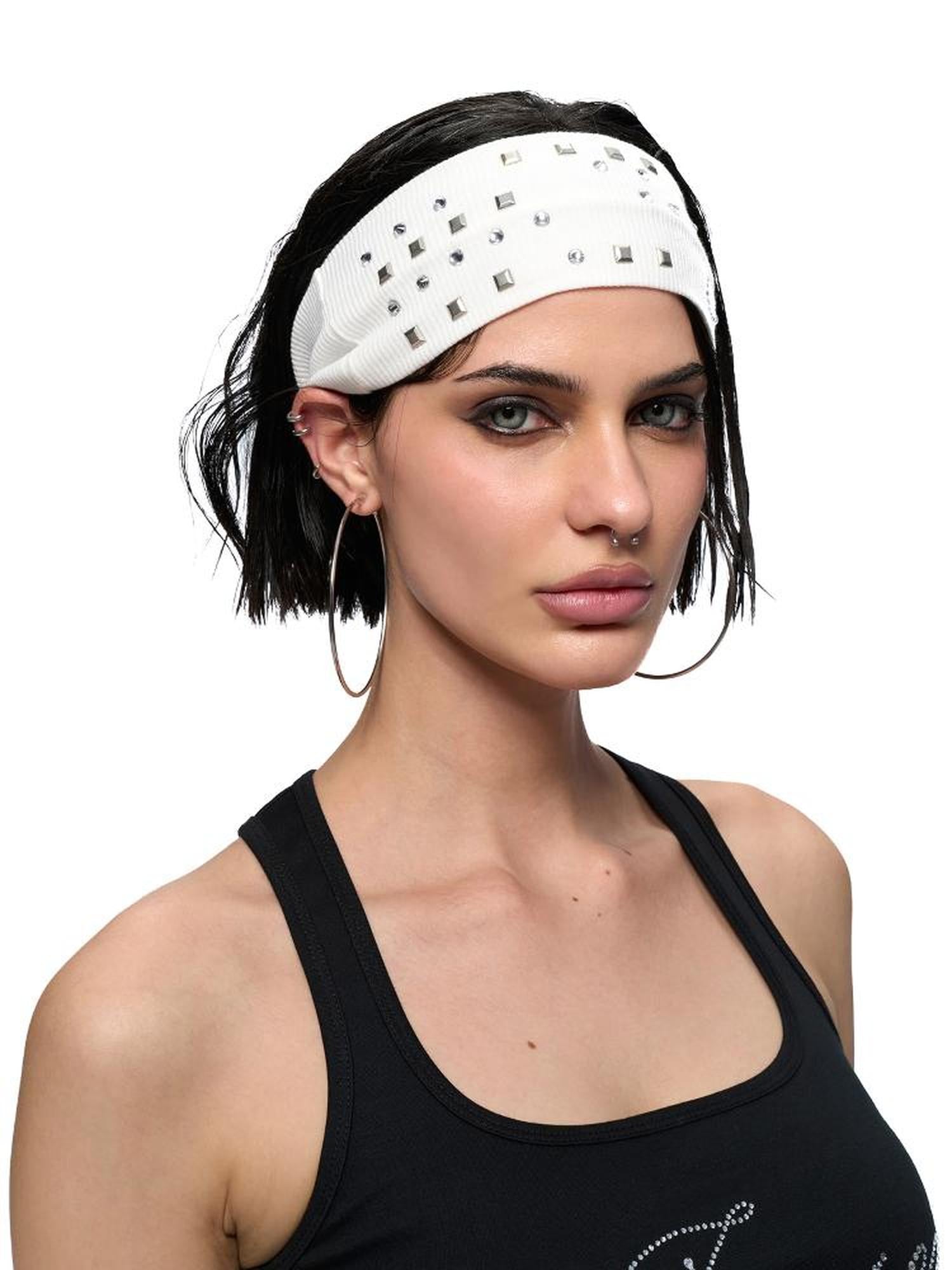 JYOSEI J Y O S E I Black White Embroidered Studded Logo Stretch Headband