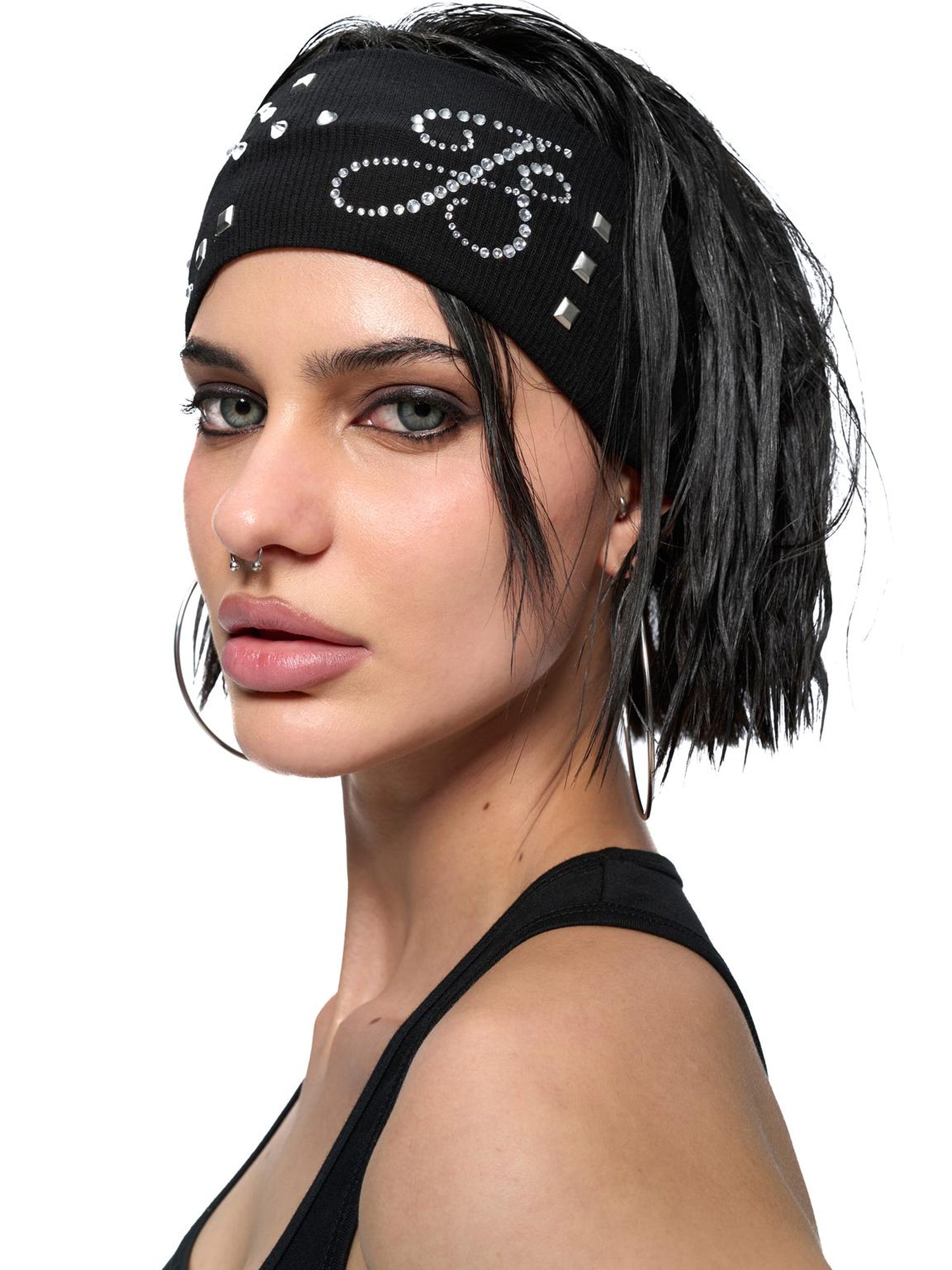 JYOSEI J Y O S E I Black White Embroidered Studded Logo Stretch Headband