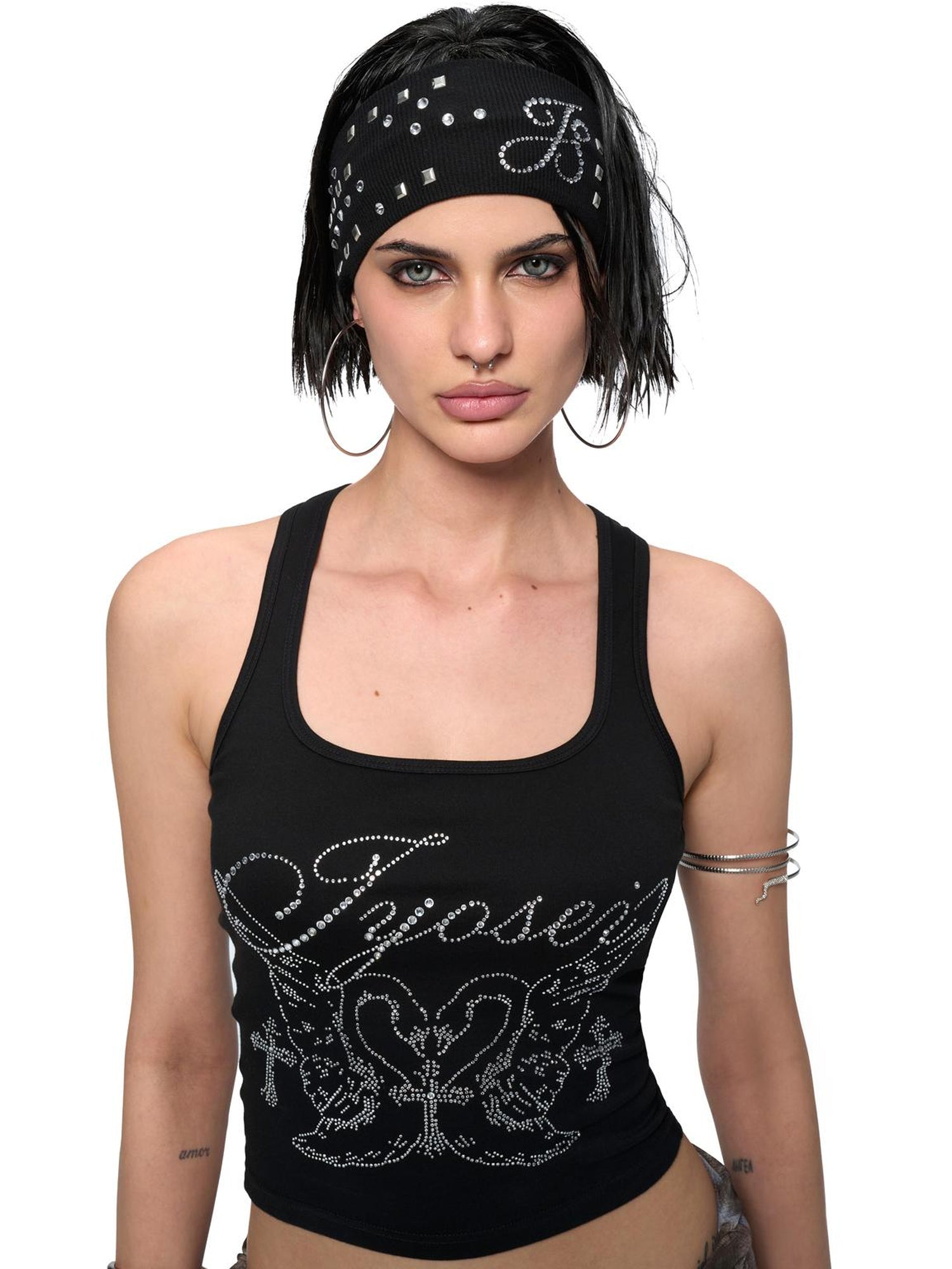 JYOSEI J Y O S E I Black White Embroidered Studded Logo Stretch Headband