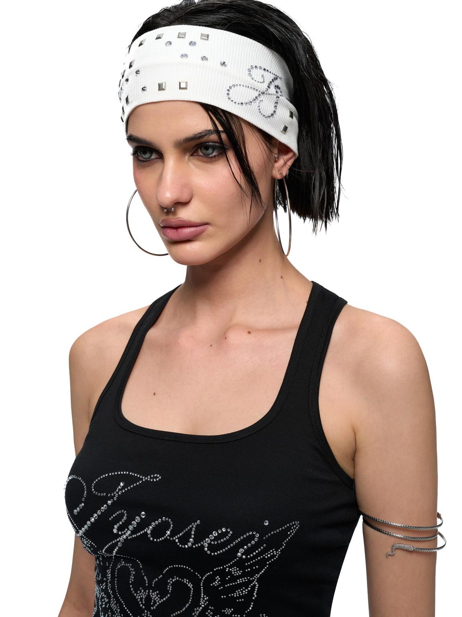 JYOSEI J Y O S E I Black White Embroidered Studded Logo Stretch Headband
