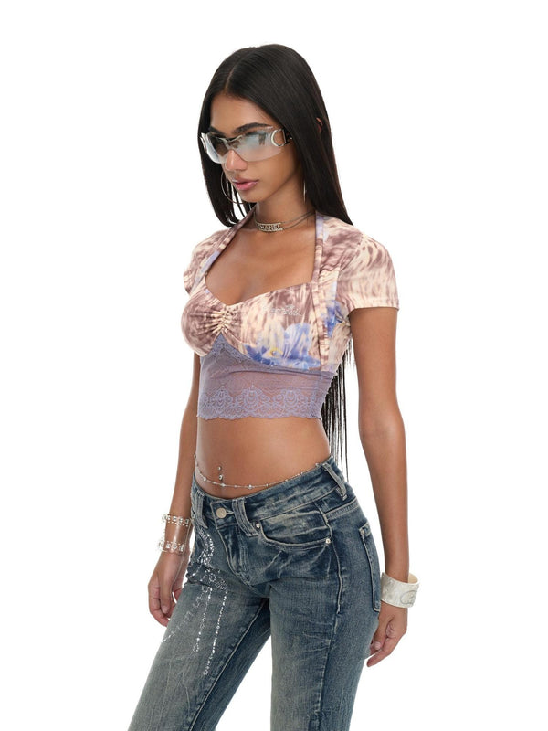 Lace Leopard Print Raglan Sleeve Women's Polyester Fitted High Waist Crop Tops