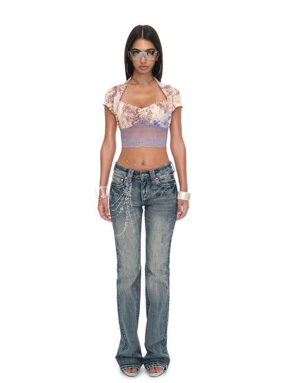 JYOSEI Lace Leopard Print Raglan Sleeve Women&