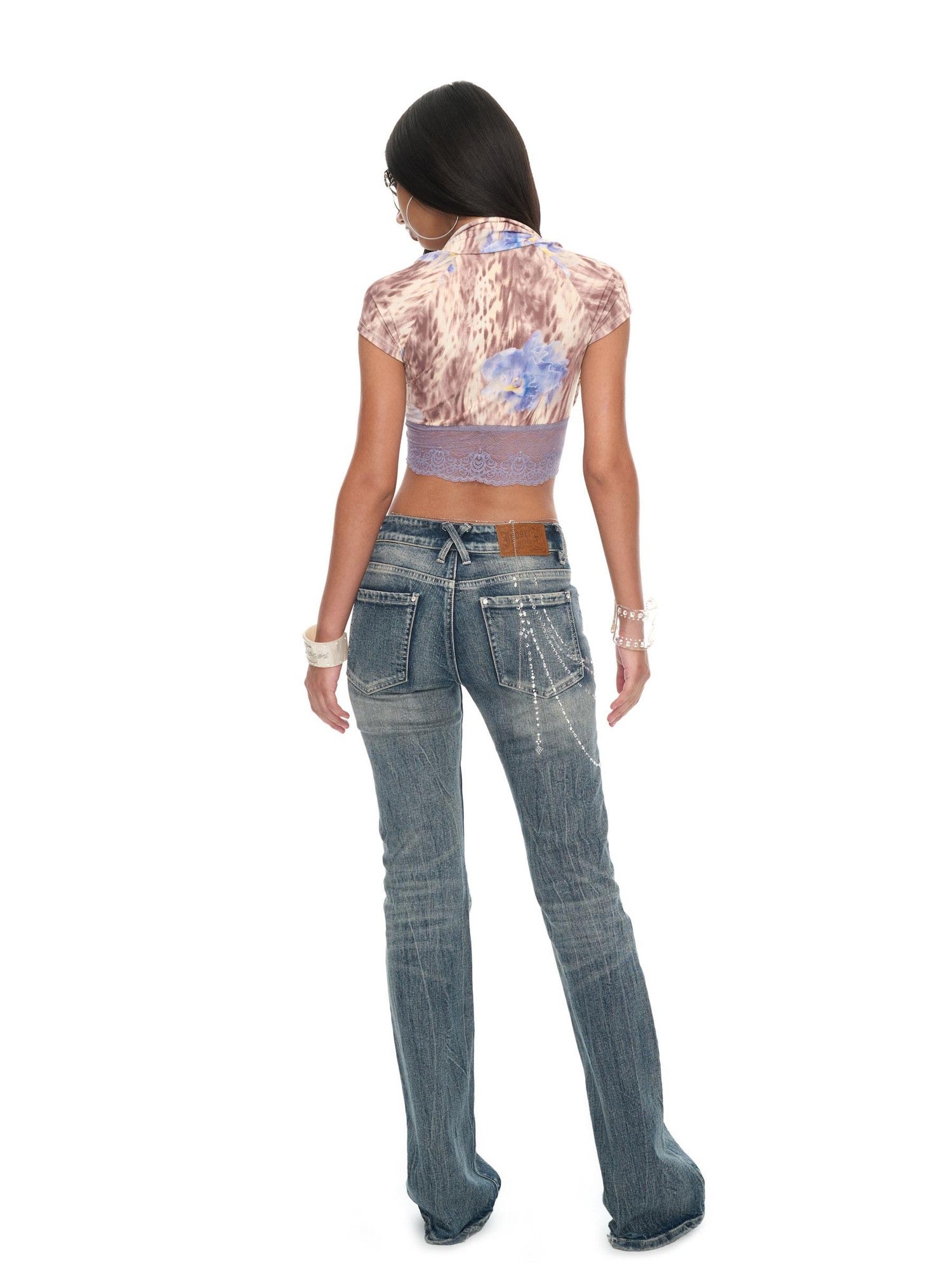 JYOSEI Lace Leopard Print Raglan Sleeve Women&