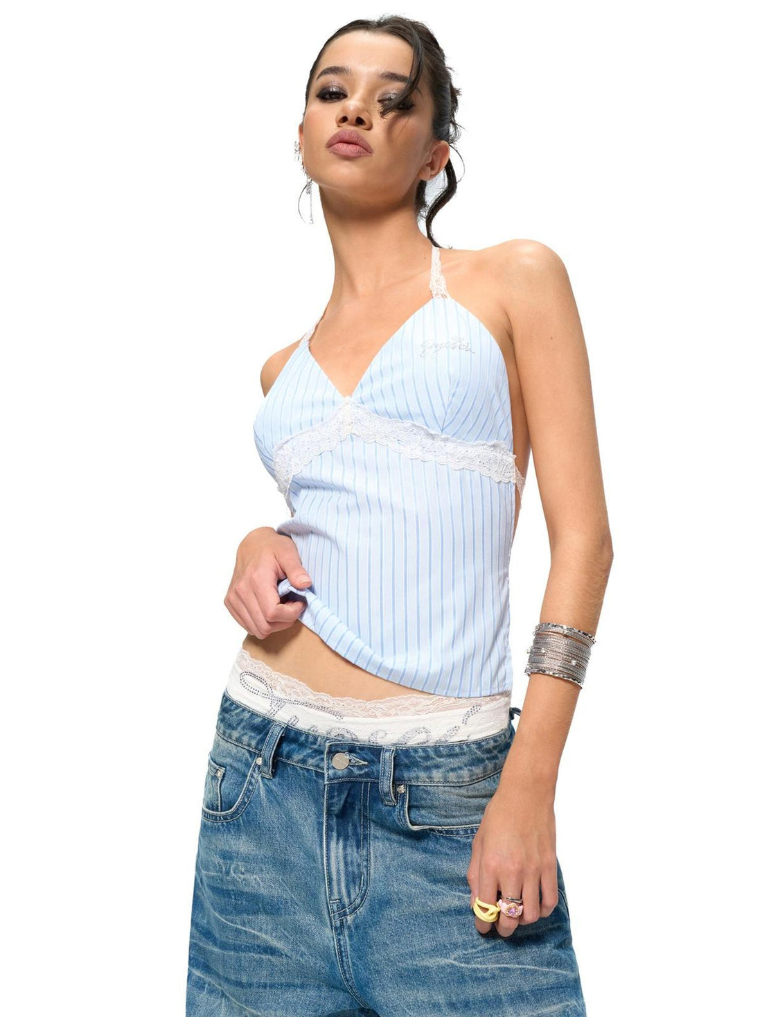 JYOSEI Lace Trimmed Stretch Briefs with Embellished Logo