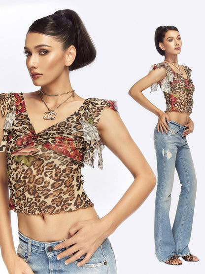 JYOSEI Leopard Floral Print V-neck Slim Cropped Women&
