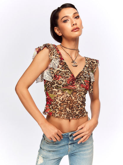 JYOSEI Leopard Floral Print V-neck Slim Cropped Women&