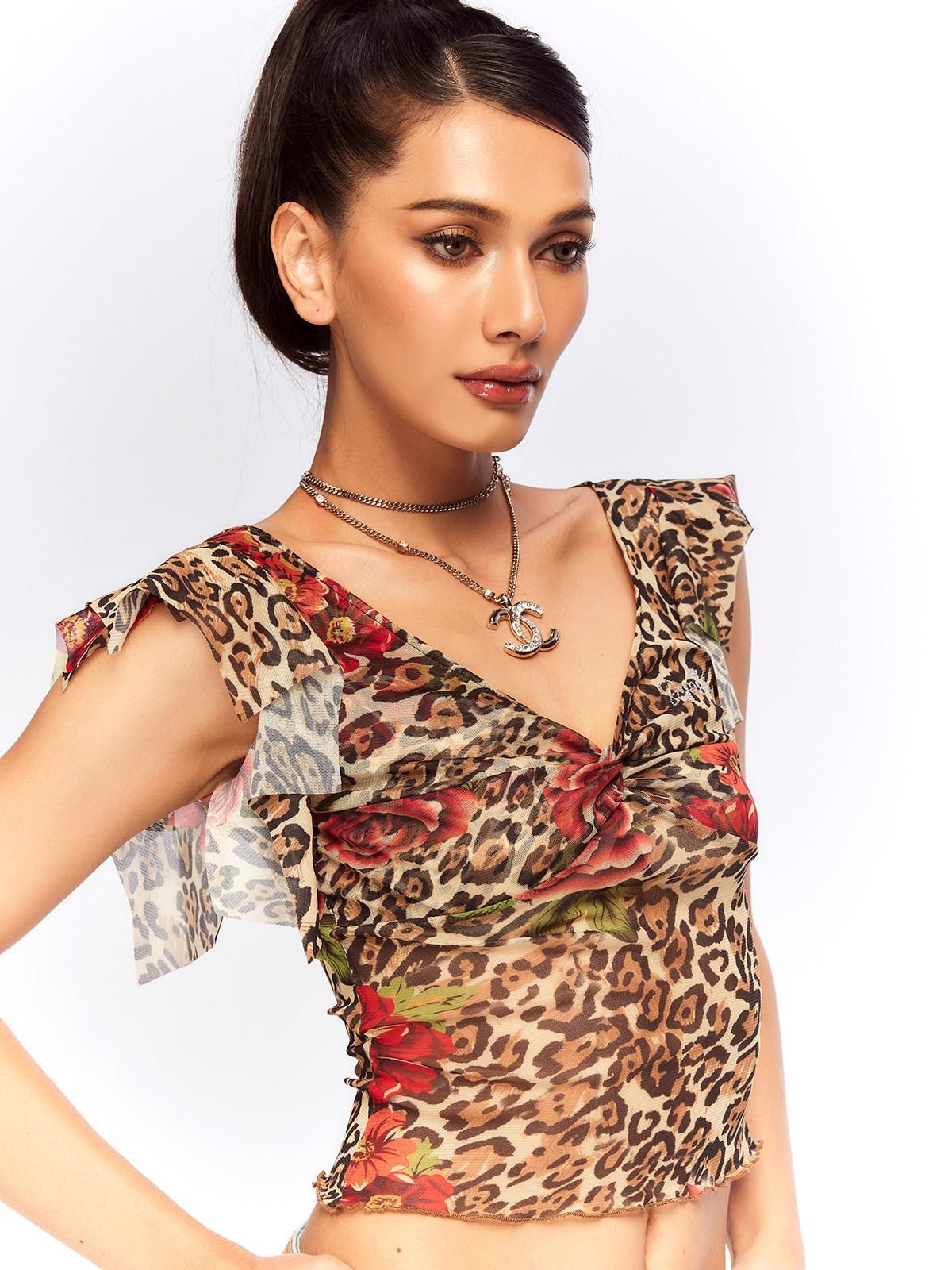 JYOSEI Leopard Floral Print V-neck Slim Cropped Women&