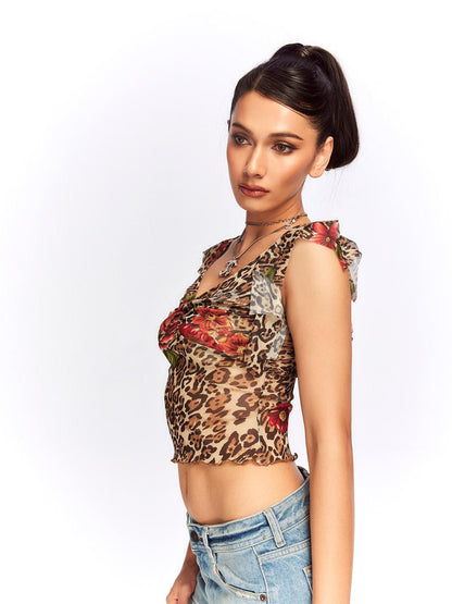 JYOSEI Leopard Floral Print V-neck Slim Cropped Women&