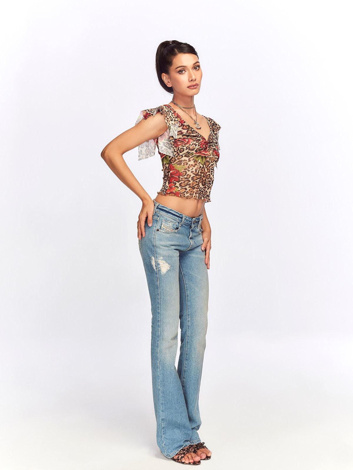 JYOSEI Leopard Floral Print V-neck Slim Cropped Women&