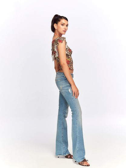 JYOSEI Leopard Floral Print V-neck Slim Cropped Women&