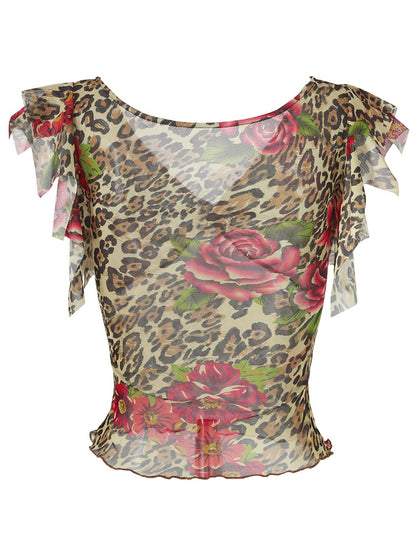 JYOSEI Leopard Floral Print V-neck Slim Cropped Women&