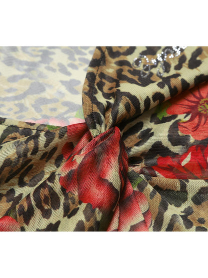 JYOSEI Leopard Floral Print V-neck Slim Cropped Women&