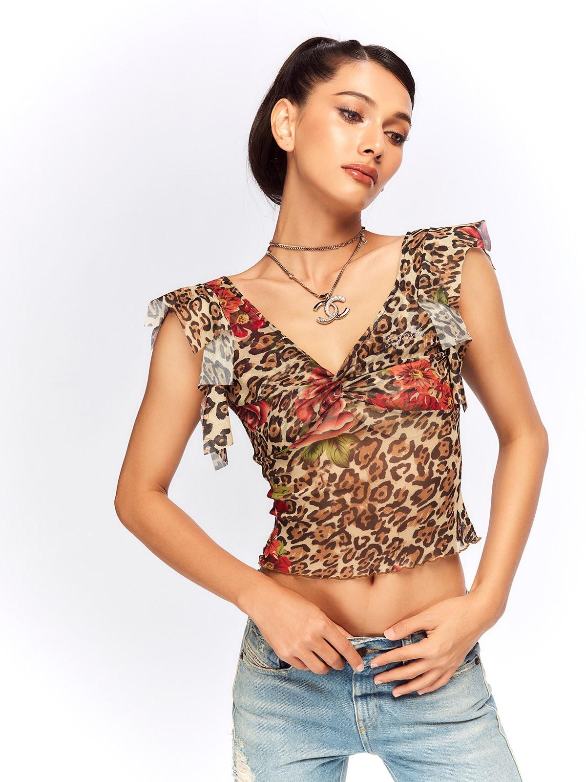 JYOSEI Leopard Floral Print V-neck Slim Cropped Women&
