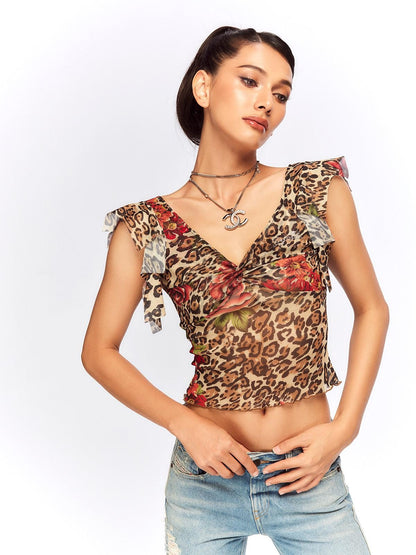 JYOSEI Leopard Floral Print V-neck Slim Cropped Women&