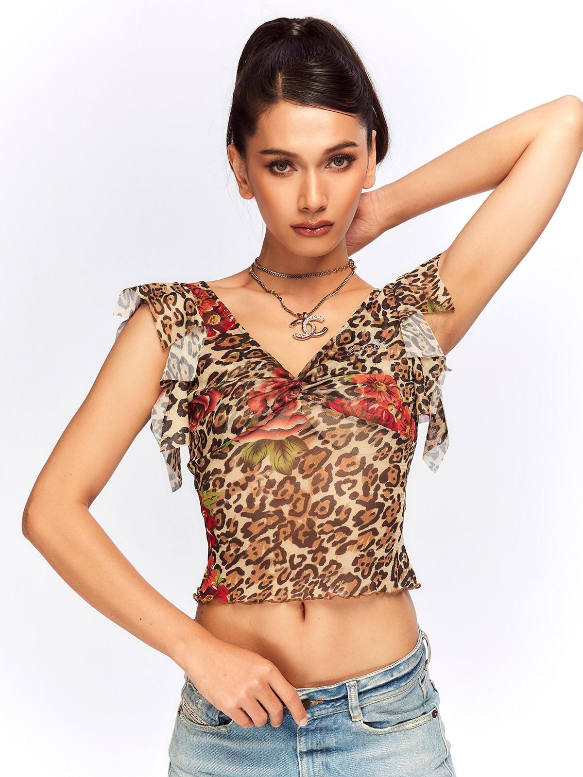 JYOSEI Leopard Floral Print V-neck Slim Cropped Women&