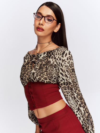 JYOSEI Leopard Print Color Block Lace Up Off Shoulder Women&