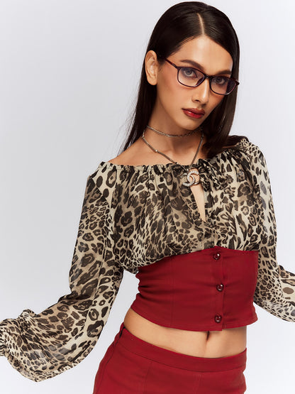 JYOSEI Leopard Print Color Block Lace Up Off Shoulder Women&