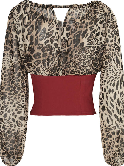 JYOSEI Leopard Print Color Block Lace Up Off Shoulder Women&