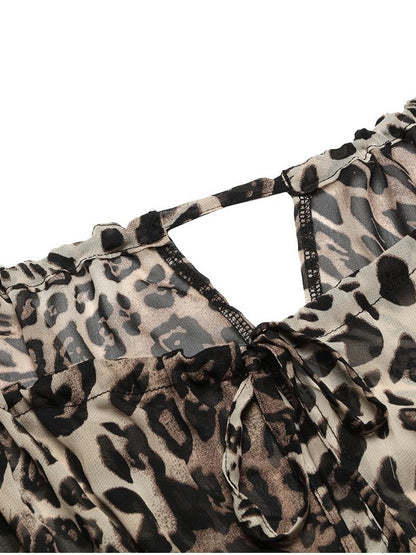 JYOSEI Leopard Print Color Block Lace Up Off Shoulder Women&