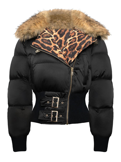 JYOSEI Leopard Print Waist Cinched Detachable Fur Collar Women&