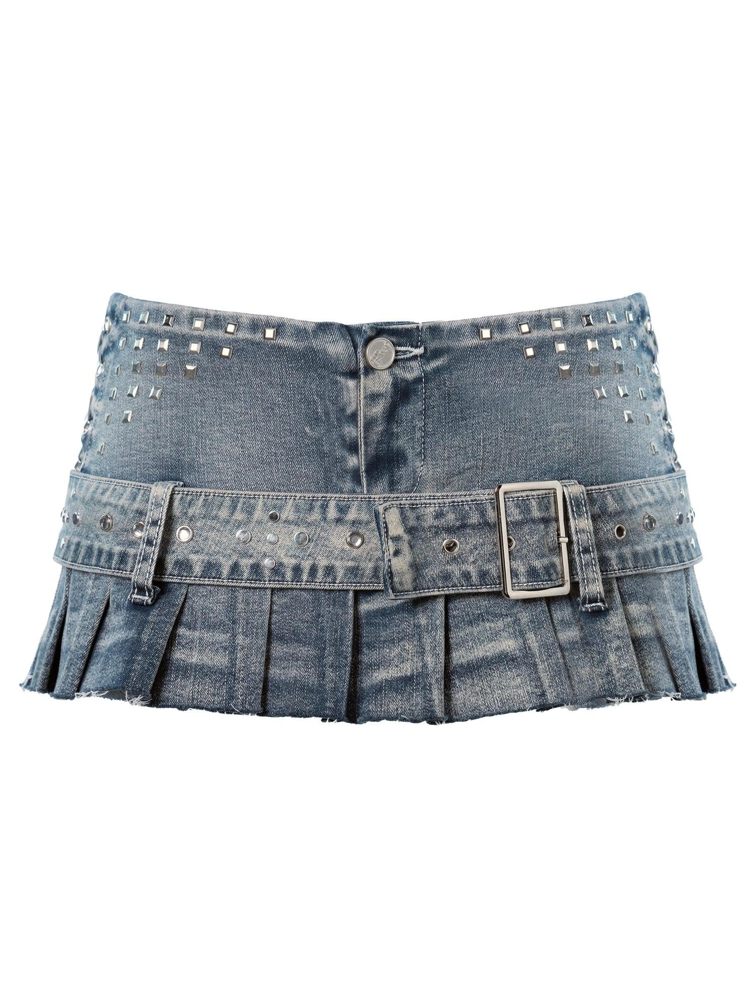 JYOSEI Light Blue Distressed Studded Pleated Front Zip Women&